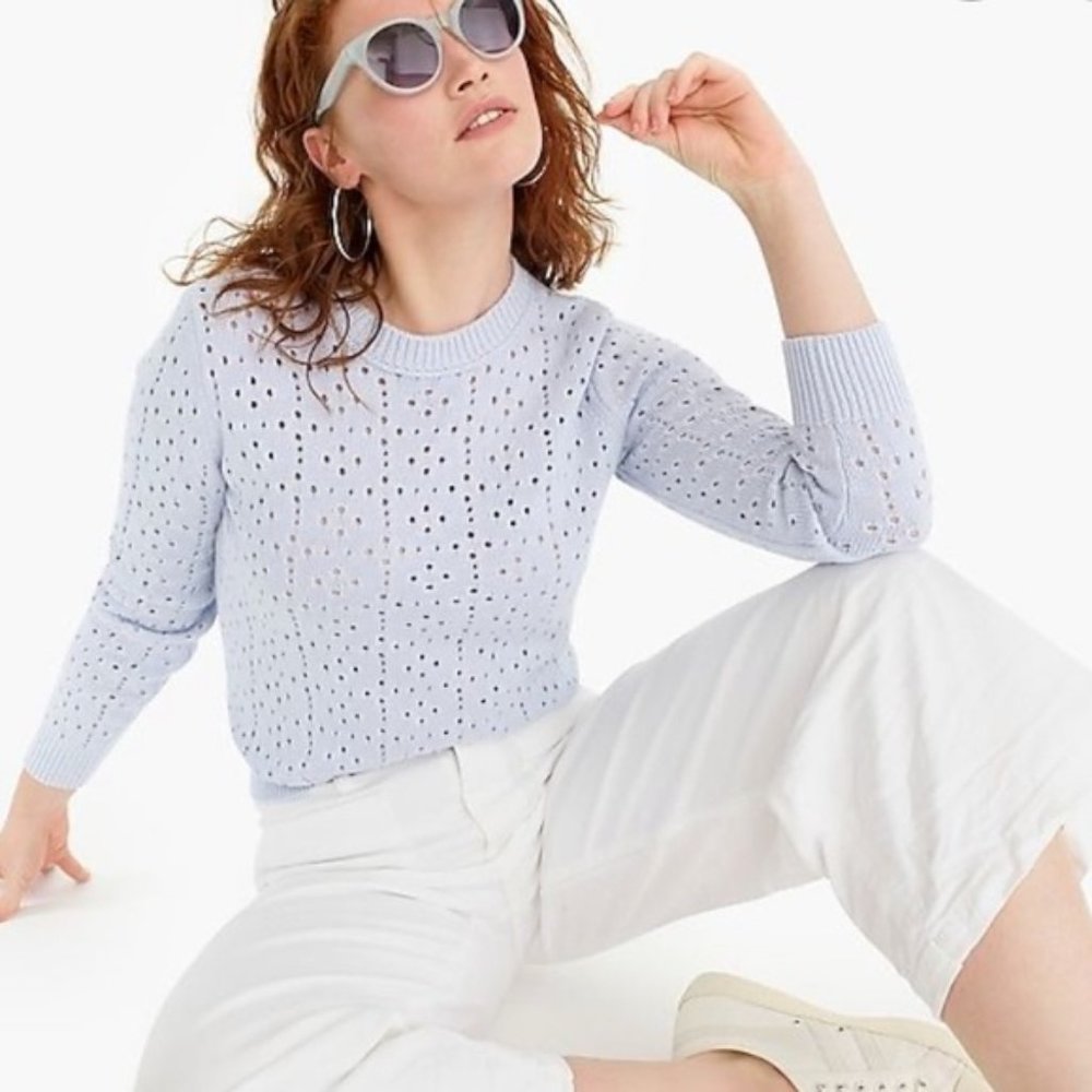 J. CREW POINT SUR - Allover Pointelle Baby Blue Cotton Pullover Crewneck Sweater